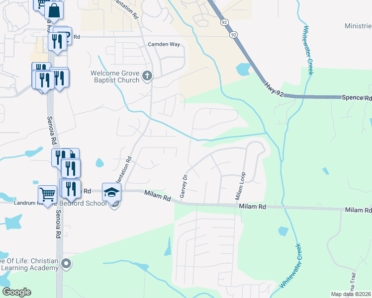 map of restaurants, bars, coffee shops, grocery stores, and more near 8165 Autumn Green Drive in Fairburn