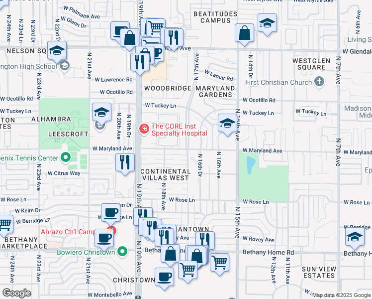 map of restaurants, bars, coffee shops, grocery stores, and more near N 17th Ave & W Maryland Ave in Phoenix