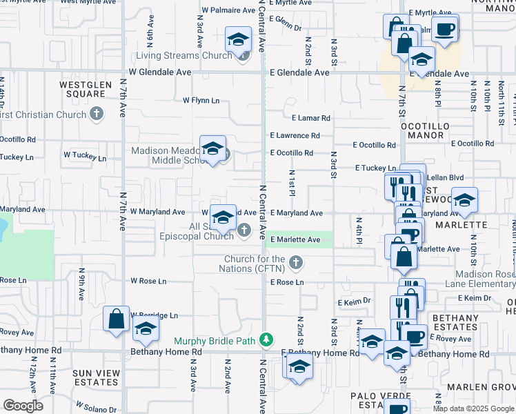 map of restaurants, bars, coffee shops, grocery stores, and more near 6336 North Central Avenue in Phoenix