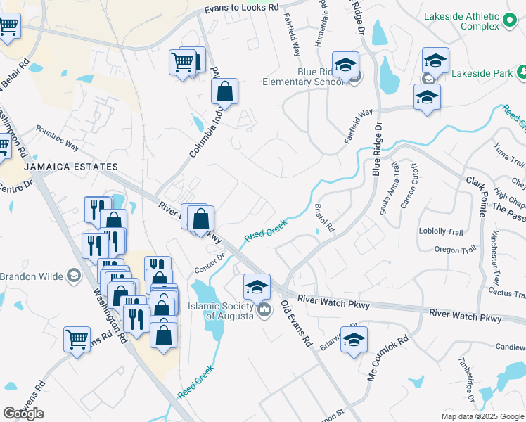 map of restaurants, bars, coffee shops, grocery stores, and more near 4361 River Watch Parkway in Evans