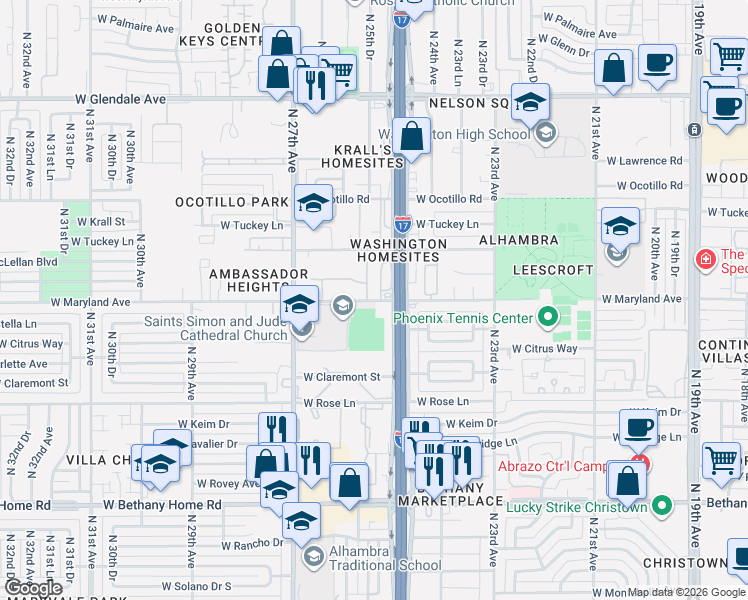 map of restaurants, bars, coffee shops, grocery stores, and more near 2521 West Maryland Avenue in Phoenix