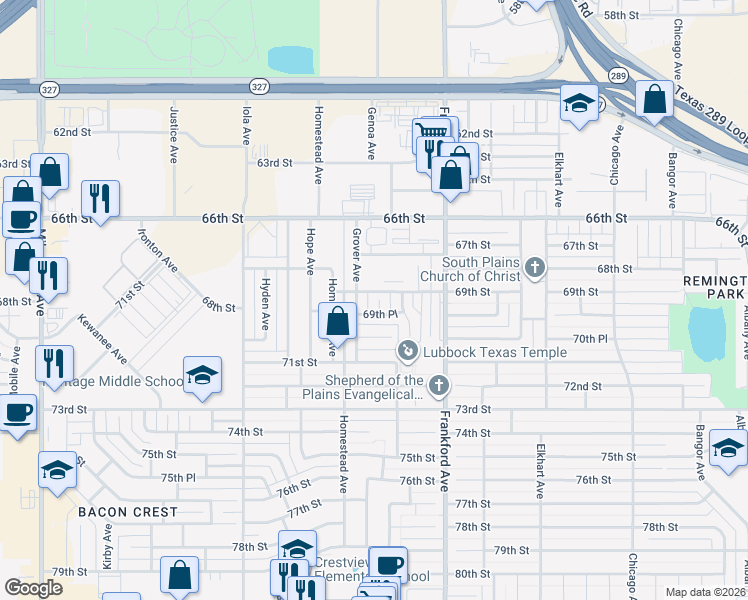 map of restaurants, bars, coffee shops, grocery stores, and more near 6908 Genoa Avenue in Lubbock