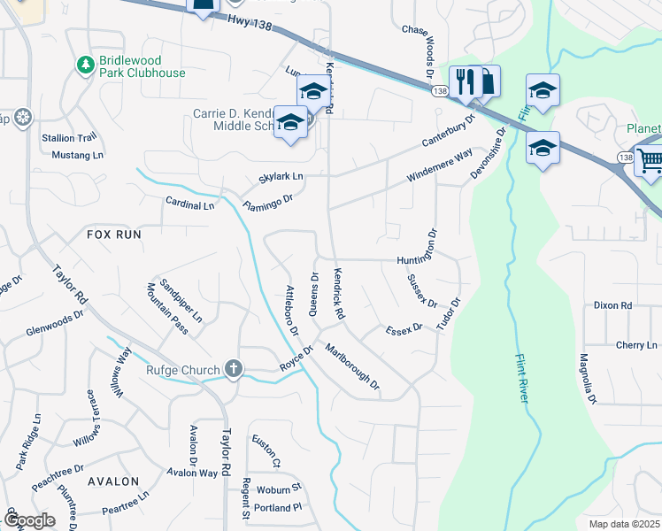map of restaurants, bars, coffee shops, grocery stores, and more near 8169 Kendrick Rd in Jonesboro