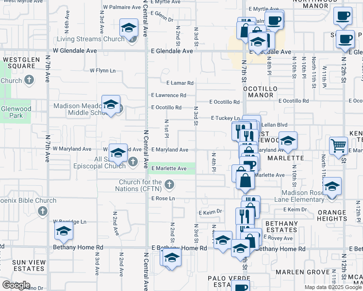 map of restaurants, bars, coffee shops, grocery stores, and more near 110 East Maryland Avenue in Phoenix