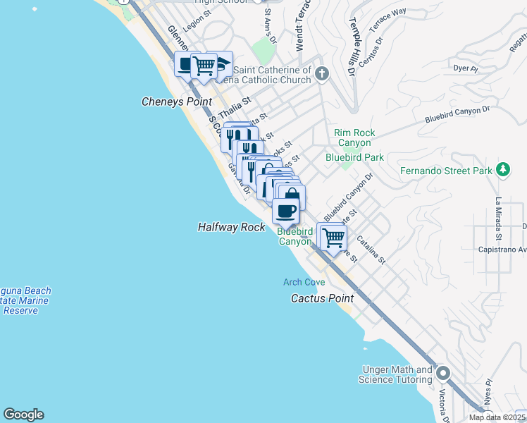 map of restaurants, bars, coffee shops, grocery stores, and more near 101 Mountain Road in Laguna Beach