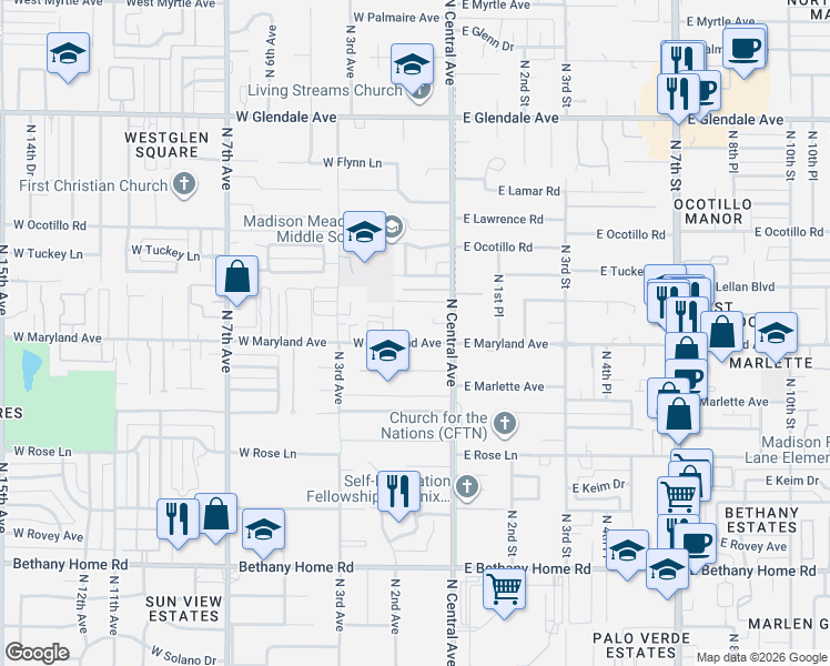 map of restaurants, bars, coffee shops, grocery stores, and more near 39 West Maryland Avenue in Phoenix