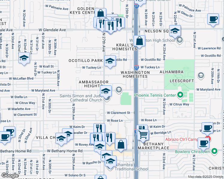 map of restaurants, bars, coffee shops, grocery stores, and more near 2540 West Maryland Avenue in Phoenix