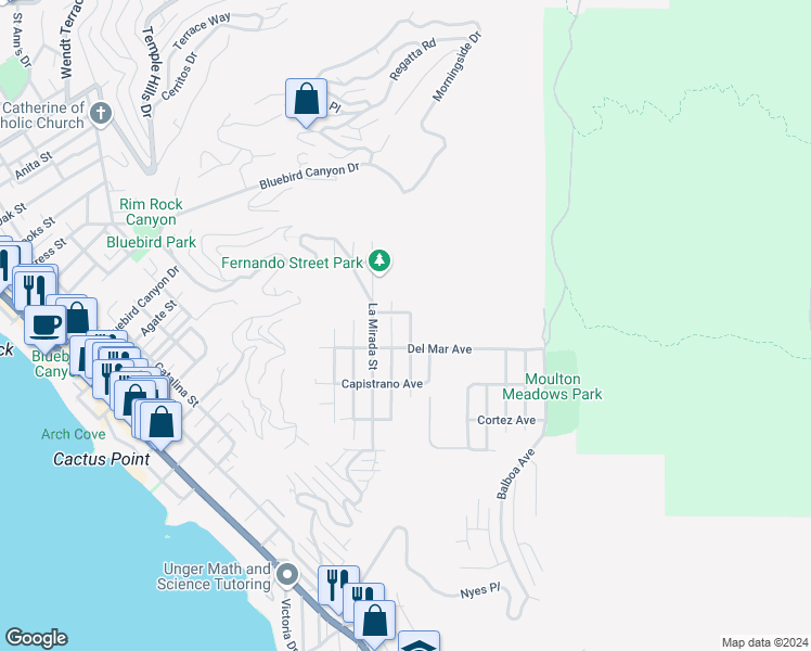 map of restaurants, bars, coffee shops, grocery stores, and more near 1165 Noria Street in Laguna Beach