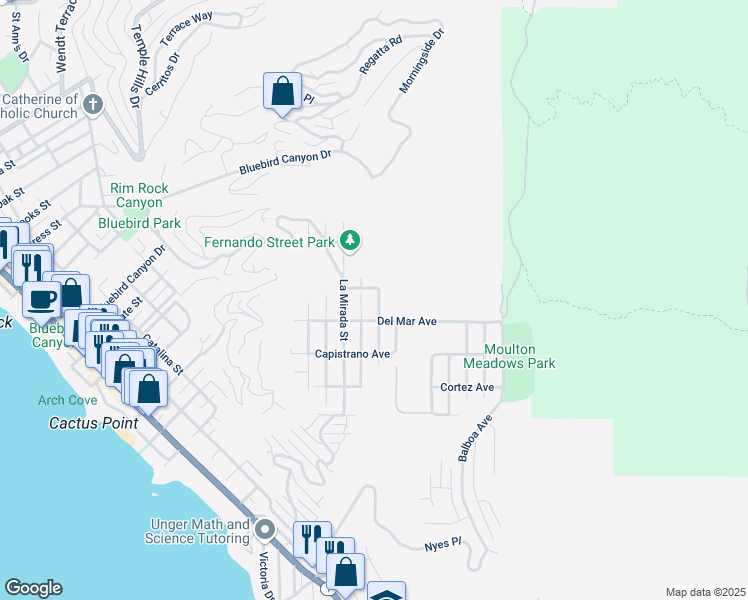 map of restaurants, bars, coffee shops, grocery stores, and more near 1165 Noria Street in Laguna Beach