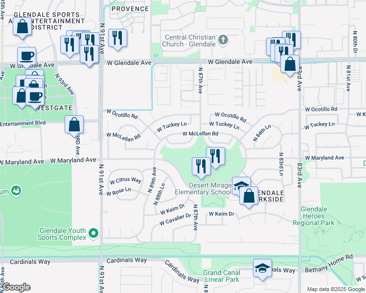 map of restaurants, bars, coffee shops, grocery stores, and more near 8731 West Sierra Vista Drive in Glendale