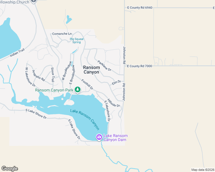 map of restaurants, bars, coffee shops, grocery stores, and more near 77 East Canyon View Drive in Ransom Canyon