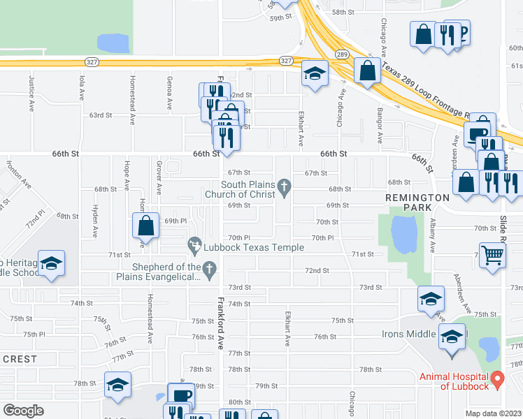 map of restaurants, bars, coffee shops, grocery stores, and more near 5715 69th Street in Lubbock