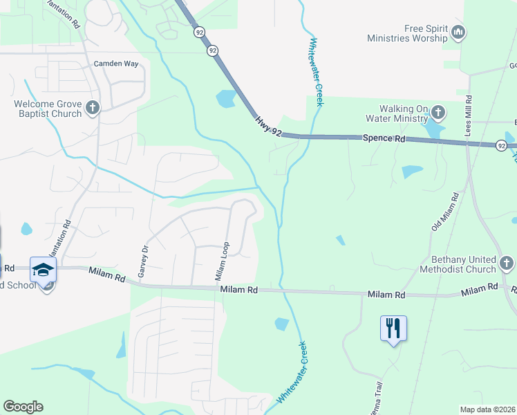 map of restaurants, bars, coffee shops, grocery stores, and more near 8287 Milam Loop in Fairburn