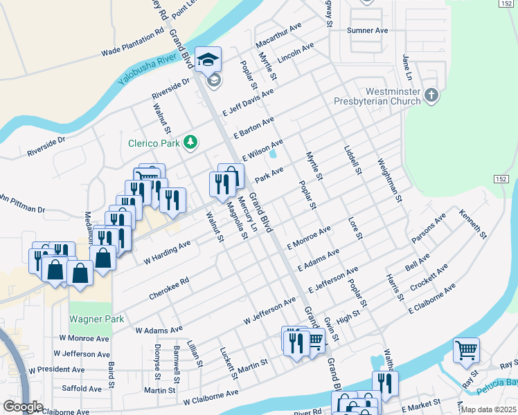 map of restaurants, bars, coffee shops, grocery stores, and more near Grand Boulevard in Greenwood