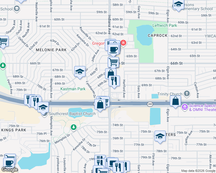 map of restaurants, bars, coffee shops, grocery stores, and more near 7065-7137 Indiana Avenue in Lubbock