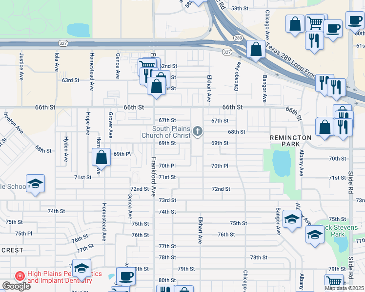 map of restaurants, bars, coffee shops, grocery stores, and more near 6905 Evanston Avenue in Lubbock