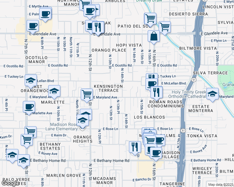 map of restaurants, bars, coffee shops, grocery stores, and more near 1336 East Maryland Avenue in Phoenix