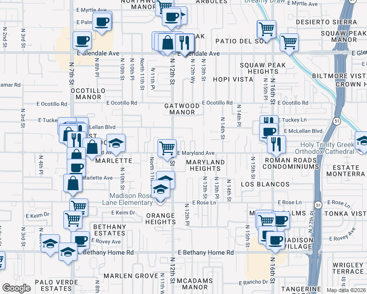 map of restaurants, bars, coffee shops, grocery stores, and more near in Phoenix