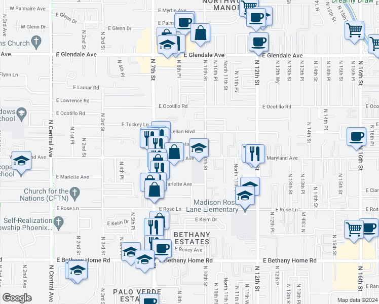map of restaurants, bars, coffee shops, grocery stores, and more near 815 East Maryland Avenue in Phoenix