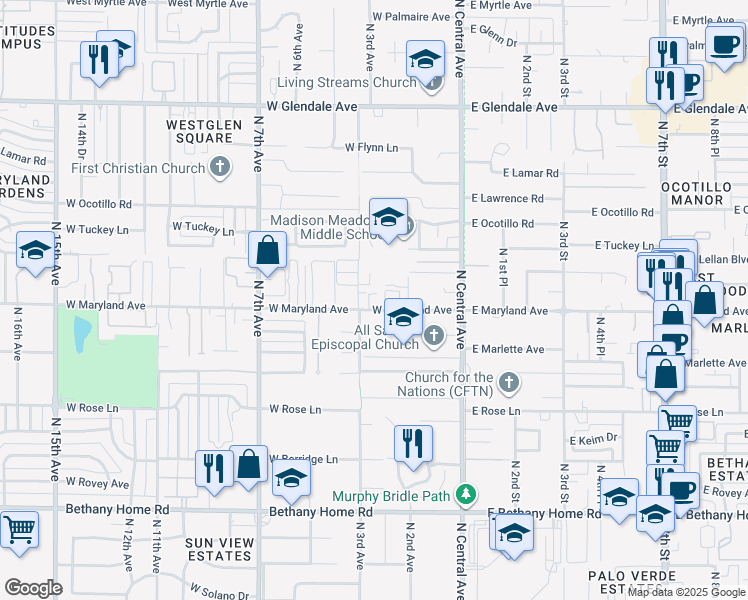map of restaurants, bars, coffee shops, grocery stores, and more near 122 West Maryland Avenue in Phoenix
