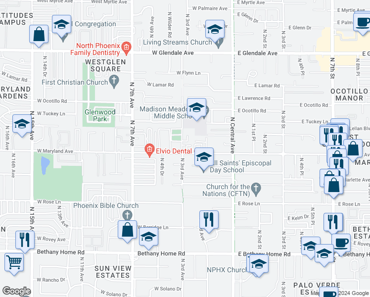 map of restaurants, bars, coffee shops, grocery stores, and more near 311 West Maryland Avenue in Phoenix