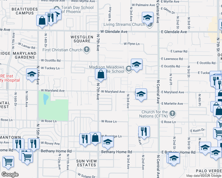 map of restaurants, bars, coffee shops, grocery stores, and more near 323-499 West Maryland Avenue in Phoenix
