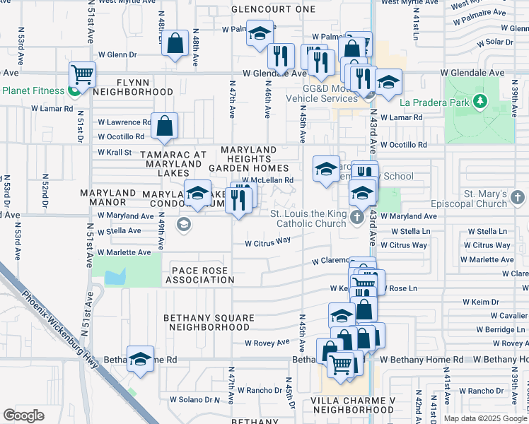 map of restaurants, bars, coffee shops, grocery stores, and more near 4543 West Maryland Avenue in Glendale