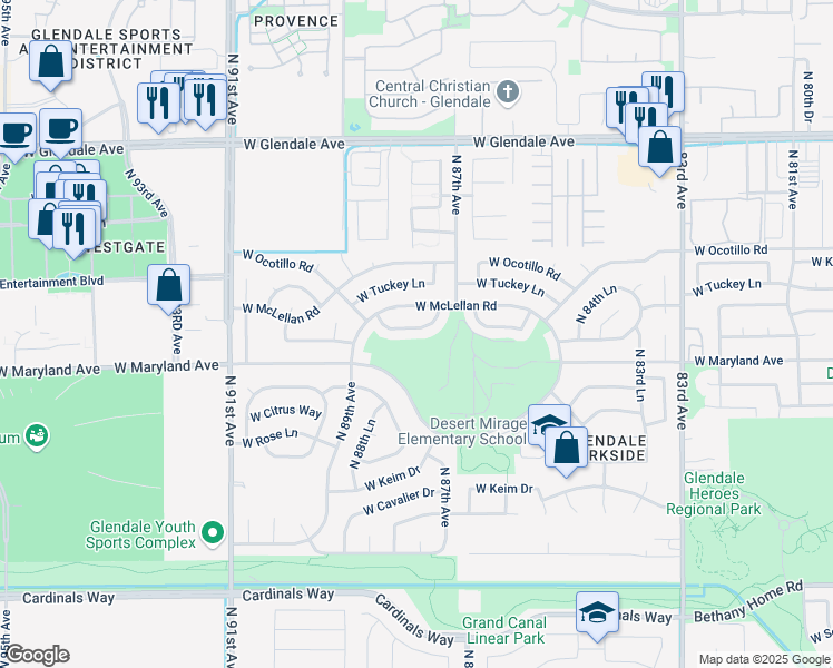 map of restaurants, bars, coffee shops, grocery stores, and more near 8731 West Sierra Vista Drive in Glendale
