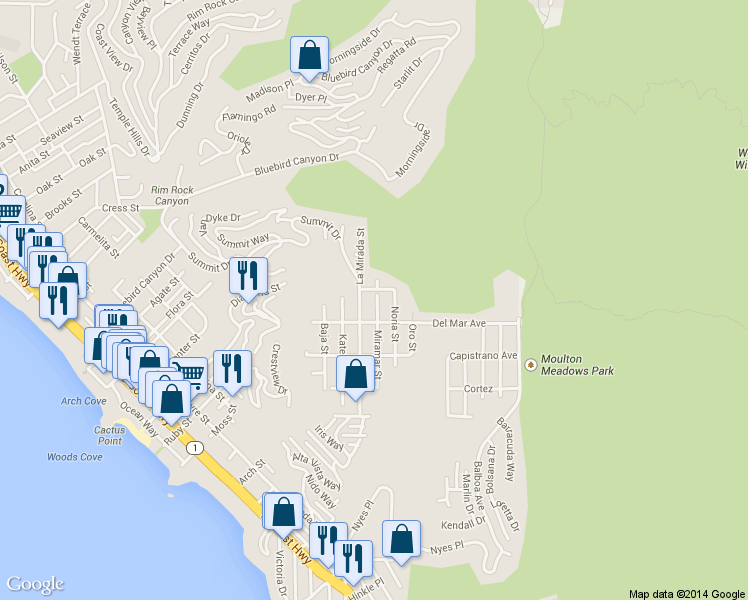 map of restaurants, bars, coffee shops, grocery stores, and more near 1129 Miramar Street in Laguna Beach