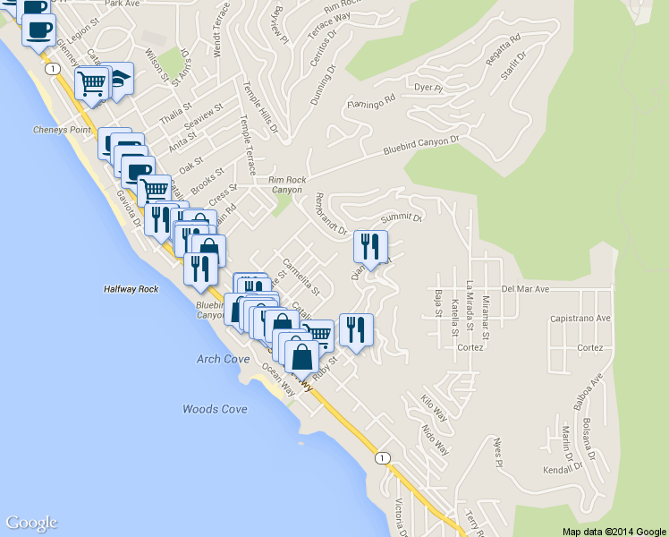 map of restaurants, bars, coffee shops, grocery stores, and more near 570 Center Street in Laguna Beach
