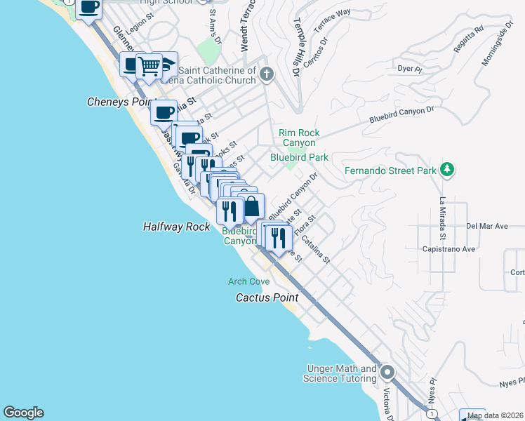 map of restaurants, bars, coffee shops, grocery stores, and more near 1559 Glenneyre Street in Laguna Beach
