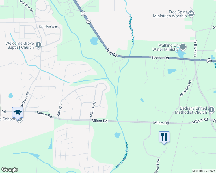 map of restaurants, bars, coffee shops, grocery stores, and more near 8287 Milam Loop in Fairburn