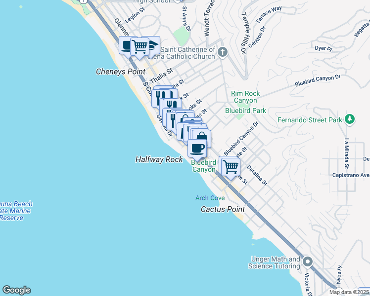 map of restaurants, bars, coffee shops, grocery stores, and more near 101 Mountain Road in Laguna Beach