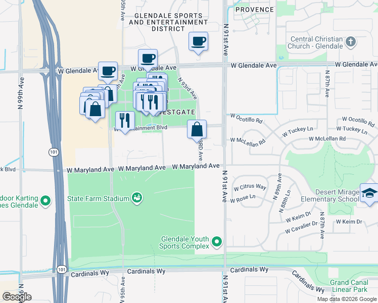 map of restaurants, bars, coffee shops, grocery stores, and more near 6610 North 93rd Avenue in Glendale