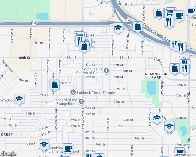 map of restaurants, bars, coffee shops, grocery stores, and more near 6905 Evanston Avenue in Lubbock