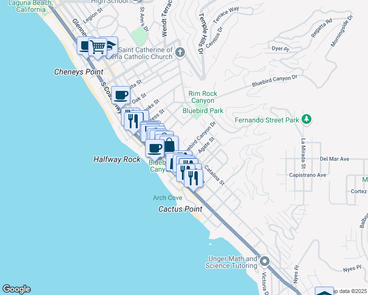 map of restaurants, bars, coffee shops, grocery stores, and more near 1585 Catalina Street in Laguna Beach