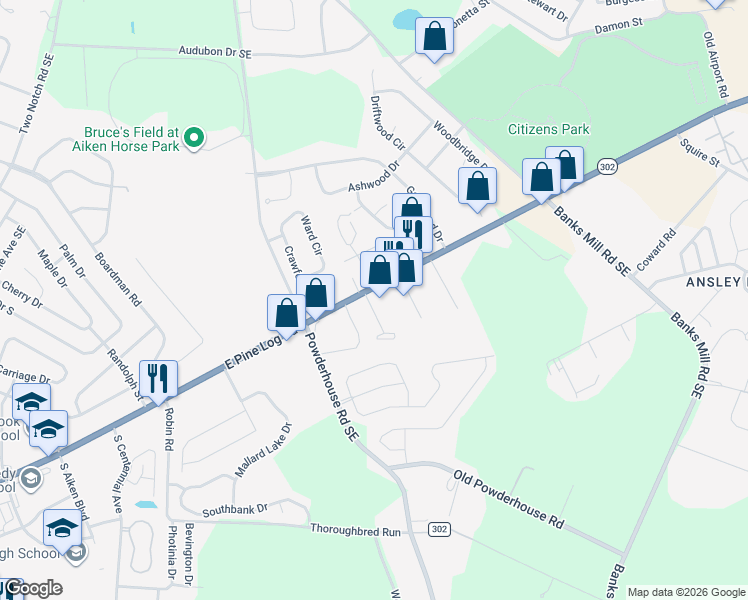 map of restaurants, bars, coffee shops, grocery stores, and more near 770 East Pine Log Road in Aiken