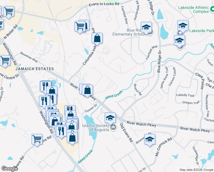 map of restaurants, bars, coffee shops, grocery stores, and more near 4355 River Watch Parkway in Evans