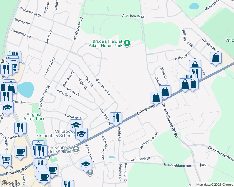 map of restaurants, bars, coffee shops, grocery stores, and more near 603 Douglas Drive in Aiken