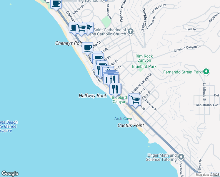 map of restaurants, bars, coffee shops, grocery stores, and more near 101 Mountain Road in Laguna Beach