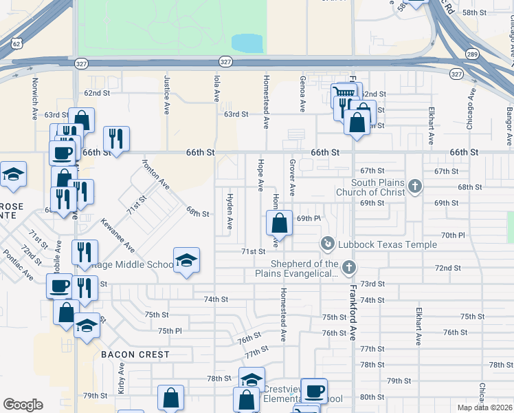 map of restaurants, bars, coffee shops, grocery stores, and more near 6812 Hope Avenue in Lubbock