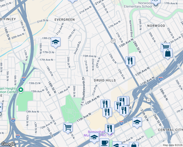 map of restaurants, bars, coffee shops, grocery stores, and more near 1406 22nd Street North in Birmingham