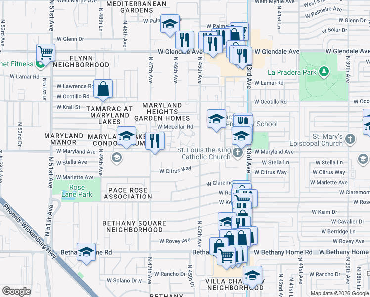 map of restaurants, bars, coffee shops, grocery stores, and more near 4511 West Maryland Avenue in Glendale