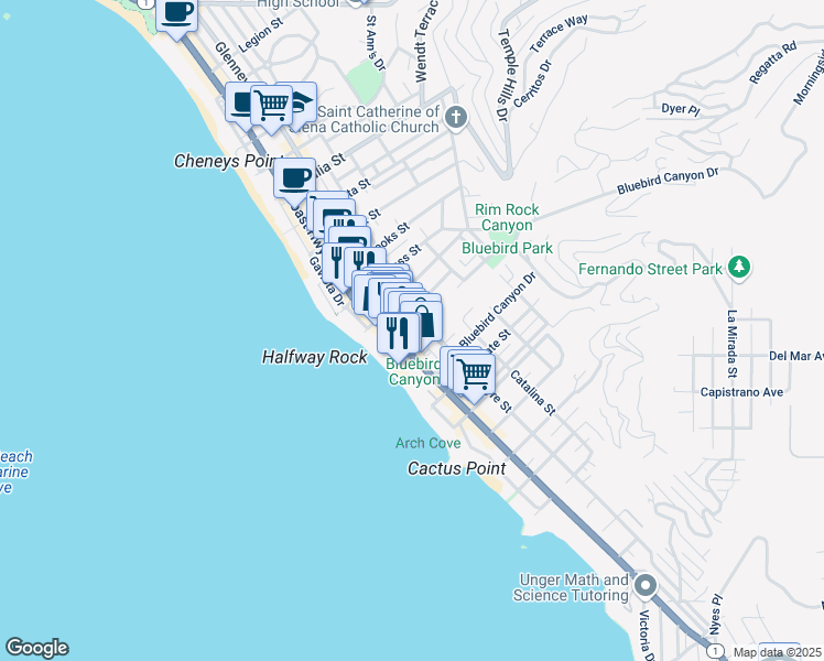 map of restaurants, bars, coffee shops, grocery stores, and more near 30824 South Coast Highway in Laguna Beach