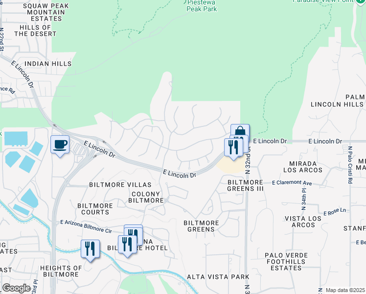 map of restaurants, bars, coffee shops, grocery stores, and more near 3023 East Sierra Vista Drive in Phoenix