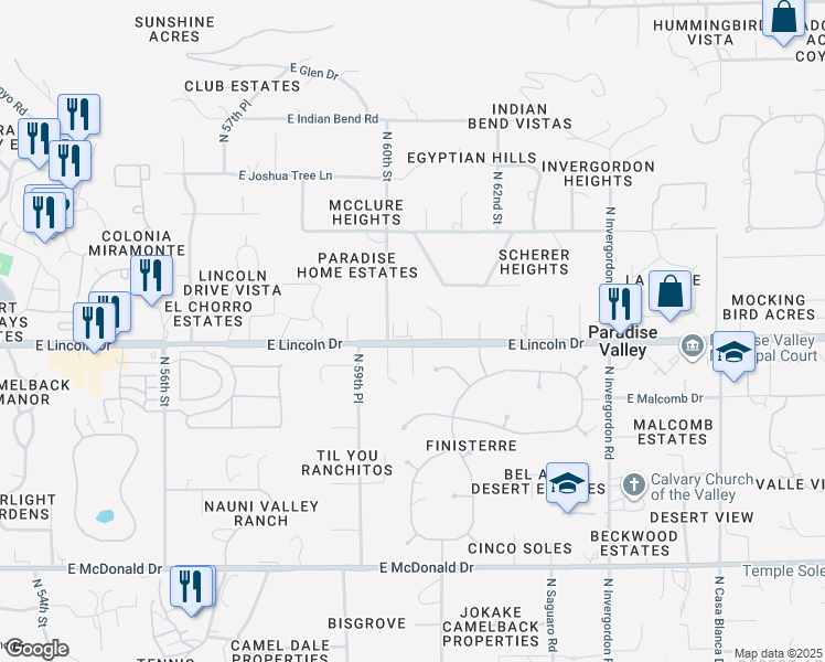 map of restaurants, bars, coffee shops, grocery stores, and more near 6021 East Lincoln Drive in Paradise Valley