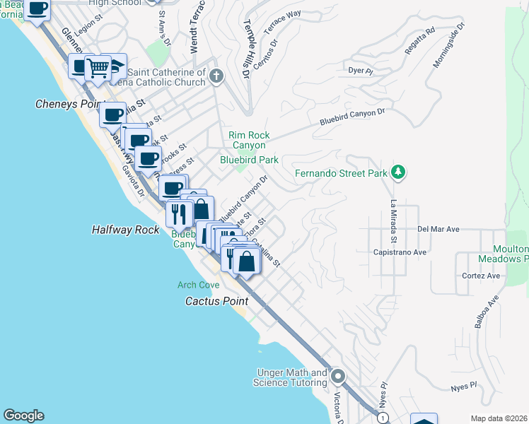map of restaurants, bars, coffee shops, grocery stores, and more near 544 Flora Street in Laguna Beach