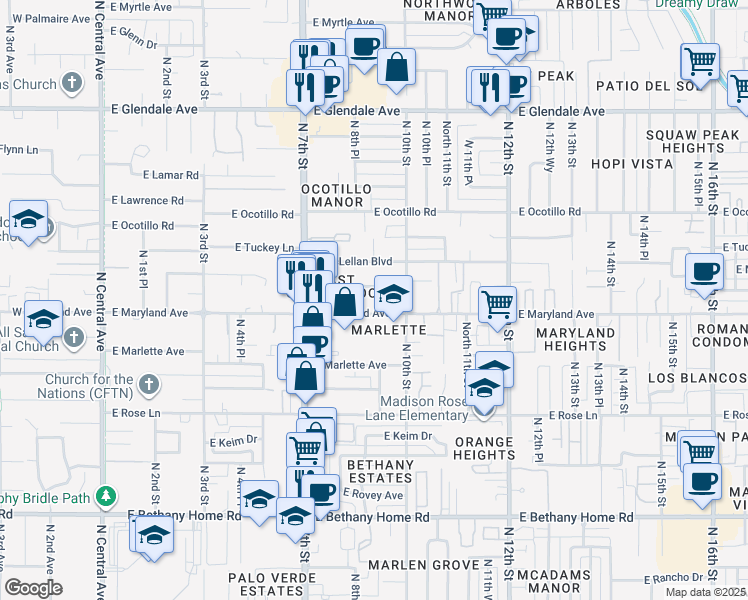 map of restaurants, bars, coffee shops, grocery stores, and more near 820 East Maryland Avenue in Phoenix