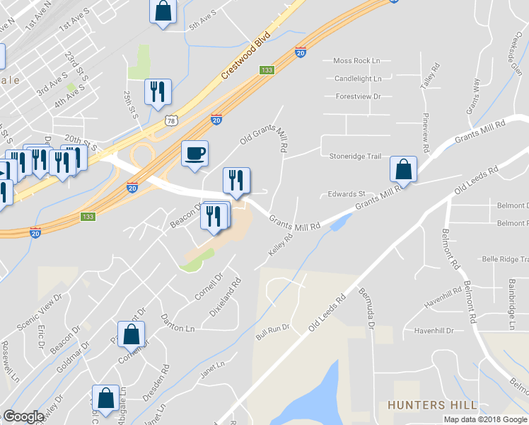 map of restaurants, bars, coffee shops, grocery stores, and more near 3882 Grants Mill Road in Irondale