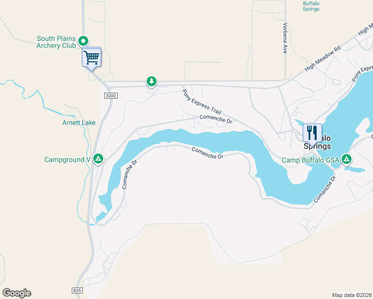 map of restaurants, bars, coffee shops, grocery stores, and more near 555 Comanche Drive in Buffalo Springs